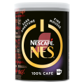 Black Nescafé NES can with white lid, gold and red logo, labeled 100% café, sans amertume, fine mousse, and 100 coffee cups
