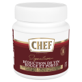 Jar of Chef Signature red wine and port wine reduction sauce with maroon and white label.